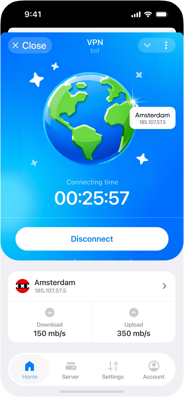 Экран подключения: сервер Amsterdam, время соединения, кнопка Disconnect